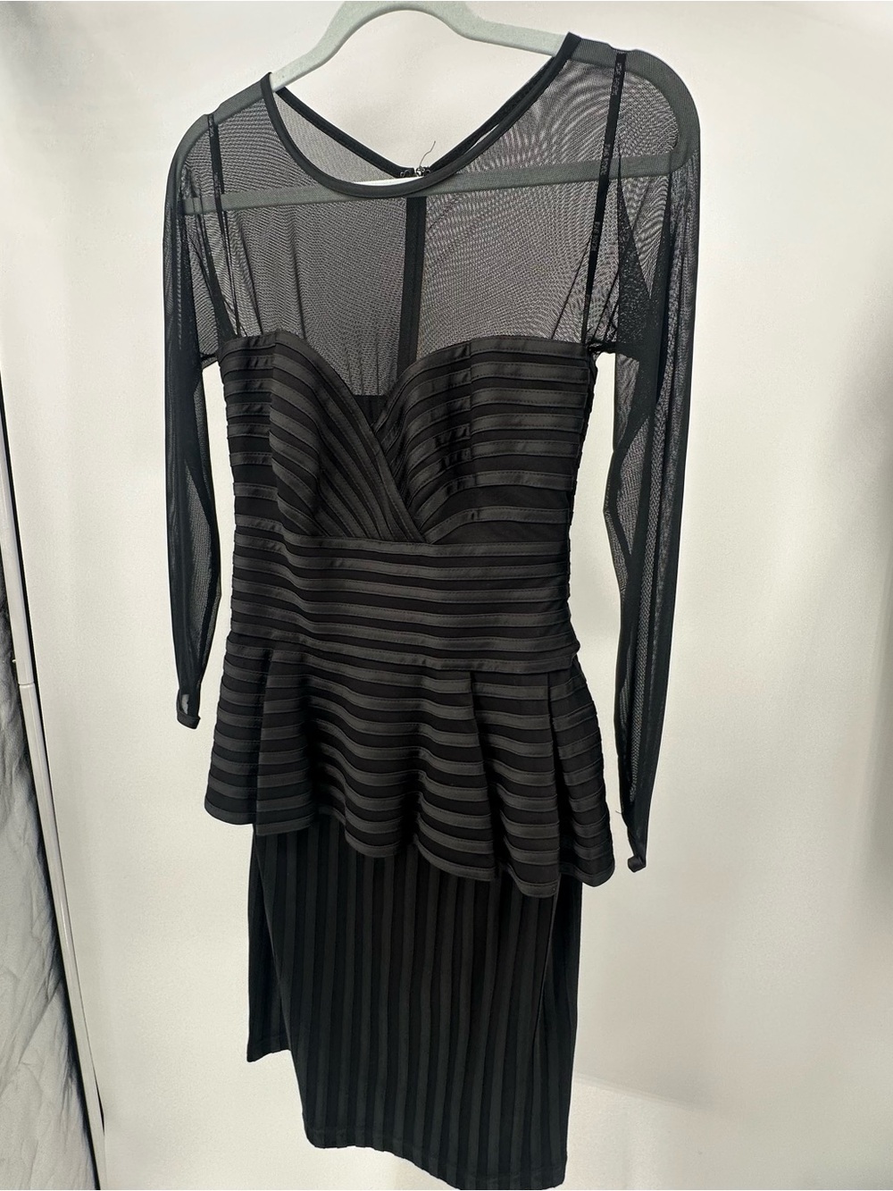 Tadashi Shoji Black Illusion Mesh Sweetheart Peplum Dress, size M